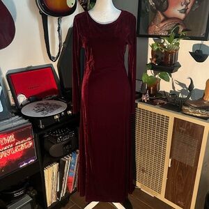 Burgundy Velvet Velour Maxi Dress With Long Sleeves